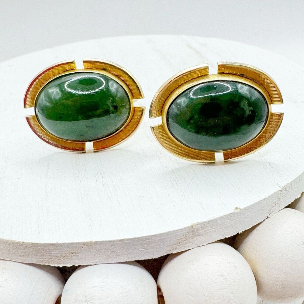 Anson Vtg MCM Green Faux Jade Cabochon Oval Gold wedding Cufflinks Mid Century